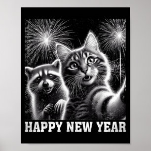 Happy New Year 2026 Cute Cat Raccoon Celebration  Poster