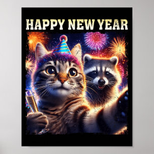 Happy New Year 2026 Cute Cat Raccoon Celebration  Poster