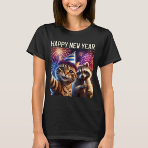 Happy New Year 2026 Cute Cat Raccoon Celebration  T-Shirt