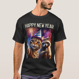 Happy New Year 2026 Cute Cat Raccoon Celebration T-Shirt
