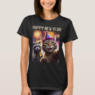 Happy New Year 2026 Cute Cat Raccoon Celebration  T-Shirt