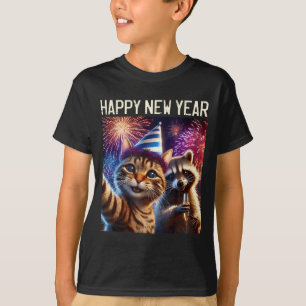 Happy New Year 2026 Cute Cat Raccoon Celebration T-Shirt