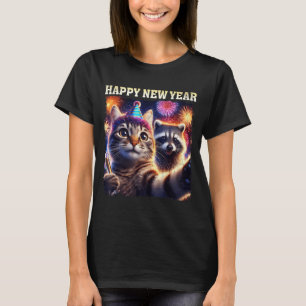 Happy New Year 2026 Cute Cat Raccoon Celebration  T-Shirt