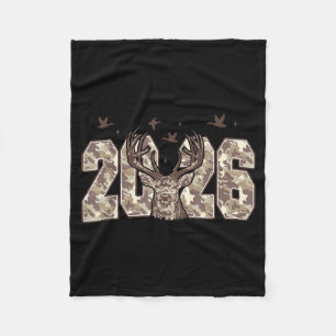 Happy New Year 2026 Deer Buck Hunting Camo Camoufl Fleece Blanket
