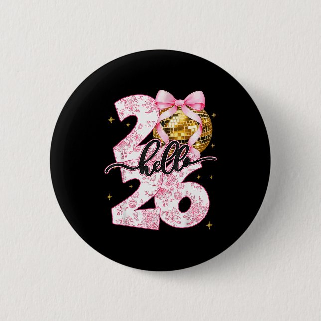 Happy New Year 2026 Disco Ball Bow New Year's Eve  2 Inch Round Button (Front)