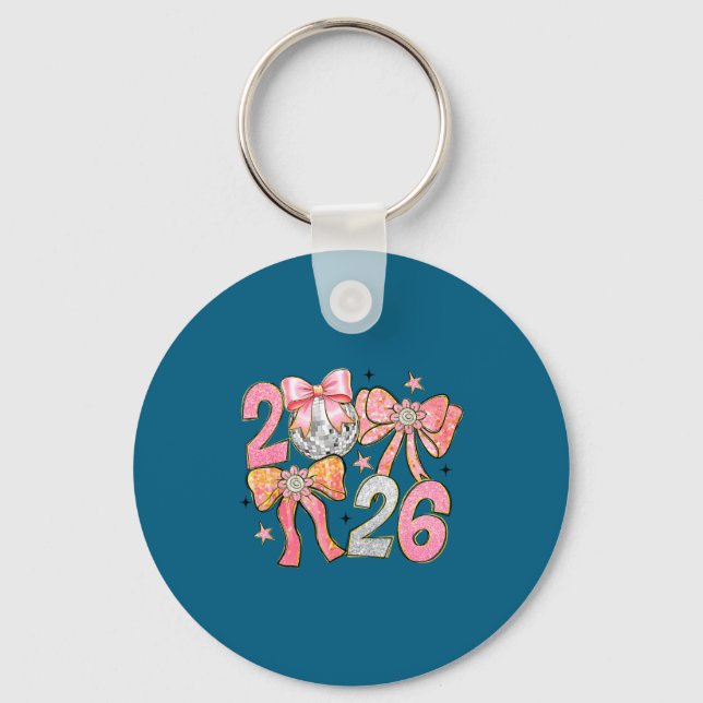 Happy New Year 2026 Disco Ball Coquette Bow New Ye Keychain (Front)