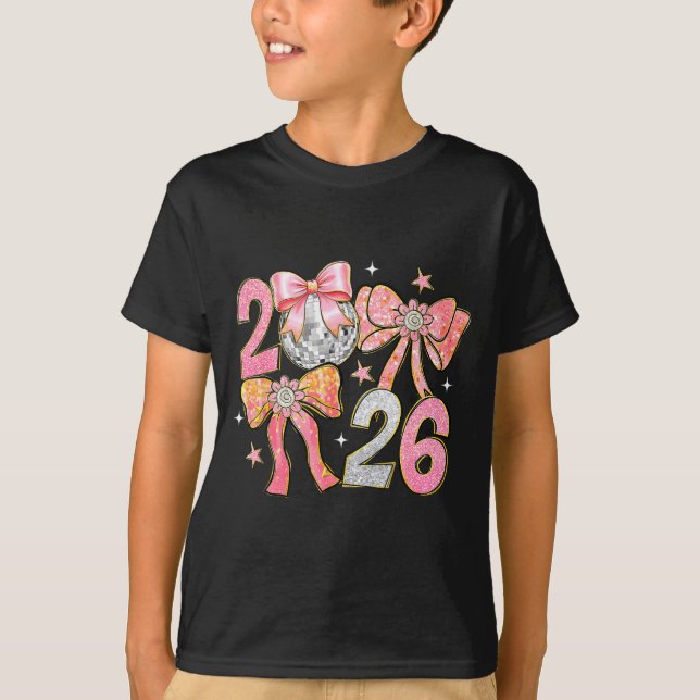 Happy New Year 2026 Disco Ball Coquette Bow New Ye T-Shirt (Front)