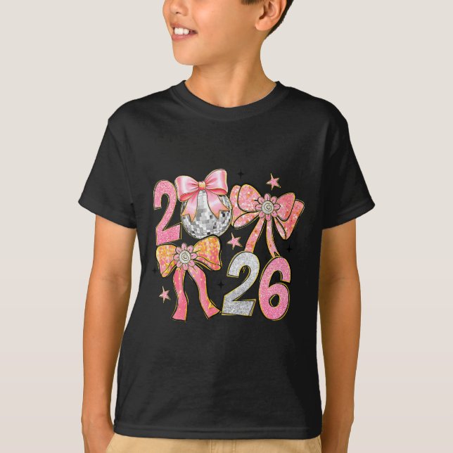Happy New Year 2026 Disco Ball Coquette Bow New Ye T-Shirt (Front)