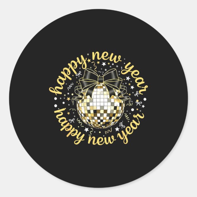 Happy New Year 2026 Disco Ball Gold Bow Coquette C Classic Round Sticker (Front)