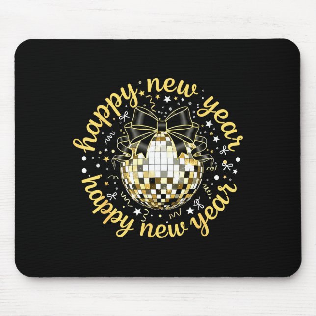 Happy New Year 2026 Disco Ball Gold Bow Coquette C Mouse Pad (Front)