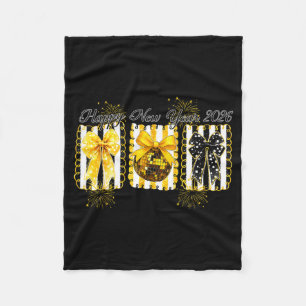 Happy New Year 2026 Disco Ball Gold Coquette Bow F Fleece Blanket