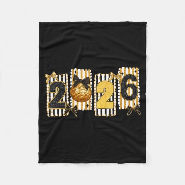 Happy New Year 2026 Disco Ball Gold Coquette Bow F Fleece Blanket (Front)