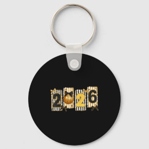 Happy New Year 2026 Disco Ball Gold Coquette Bow F Keychain