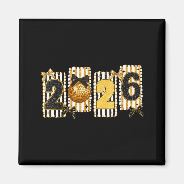 Happy New Year 2026 Disco Ball Gold Coquette Bow F Magnet (Front)