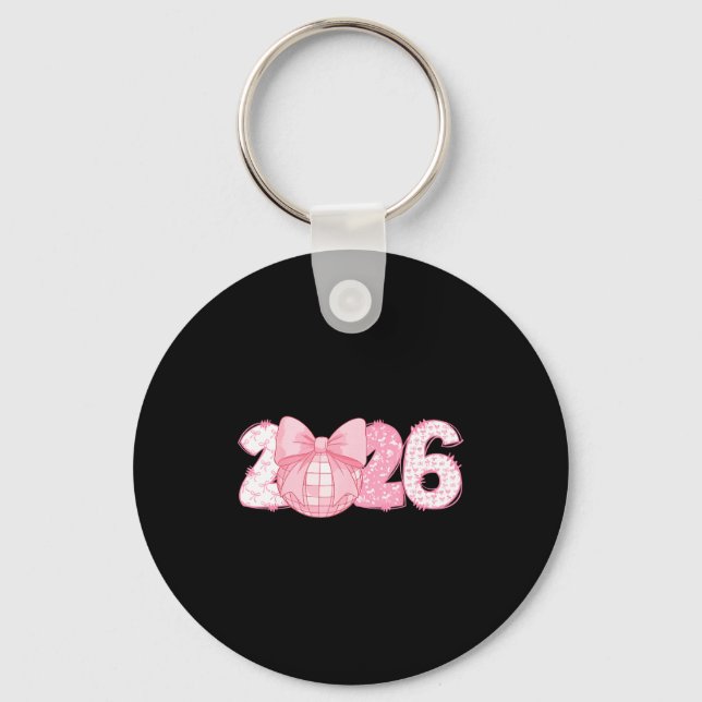 Happy New Year 2026 Disco Ball Nk Coquette Bow Fam Keychain (Front)