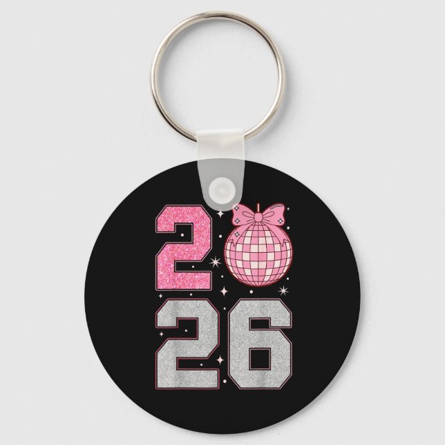 Happy New Year 2026 Disco Ball Nk Coquette Bow Fam Keychain (Front)
