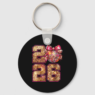 Happy New Year 2026 Disco Ball Nk Coquette Bow Fam Keychain