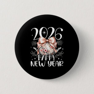 Happy New Year 2026 Disco Cute Bow Flower New Year 2 Inch Round Button