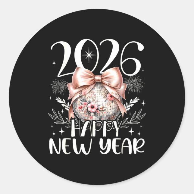 Happy New Year 2026 Disco Cute Bow Flower New Year Classic Round Sticker (Front)