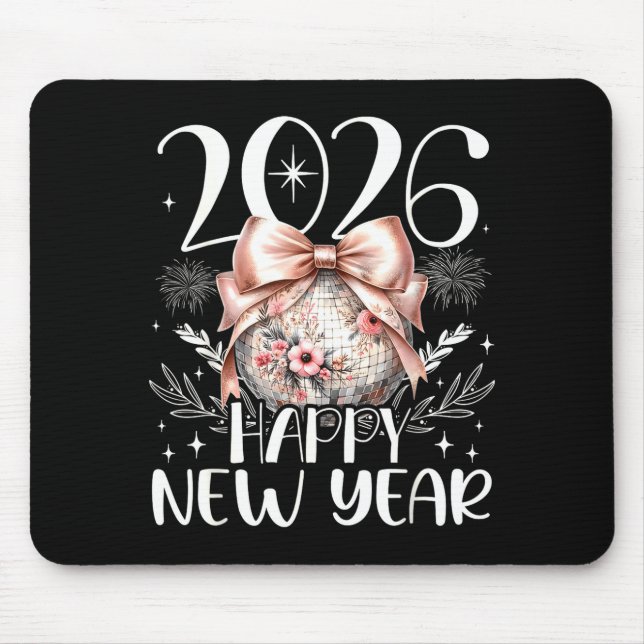 Happy New Year 2026 Disco Cute Bow Flower New Year Mouse Pad (Front)