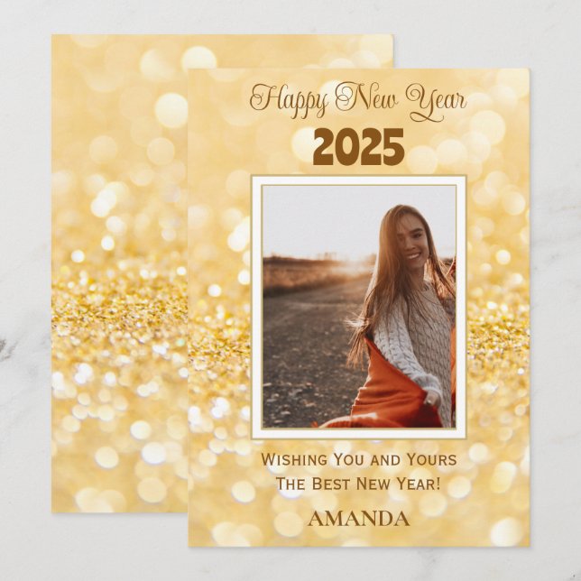 Happy New Year 2026 Elegant Gold Glitter Holiday Card (Front/Back)
