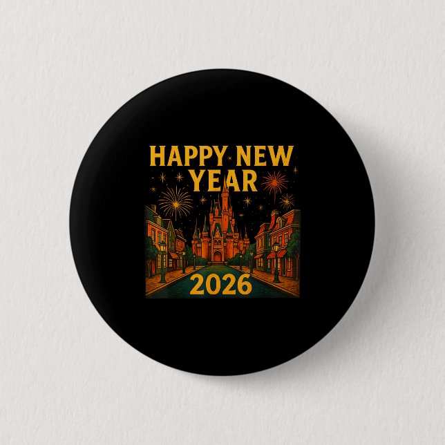 Happy New Year 2026 Fantasy Castle Fireworks Night 2 Inch Round Button (Front)