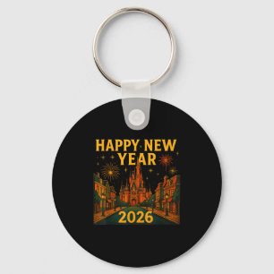 Happy New Year 2026 Fantasy Castle Fireworks Night Keychain