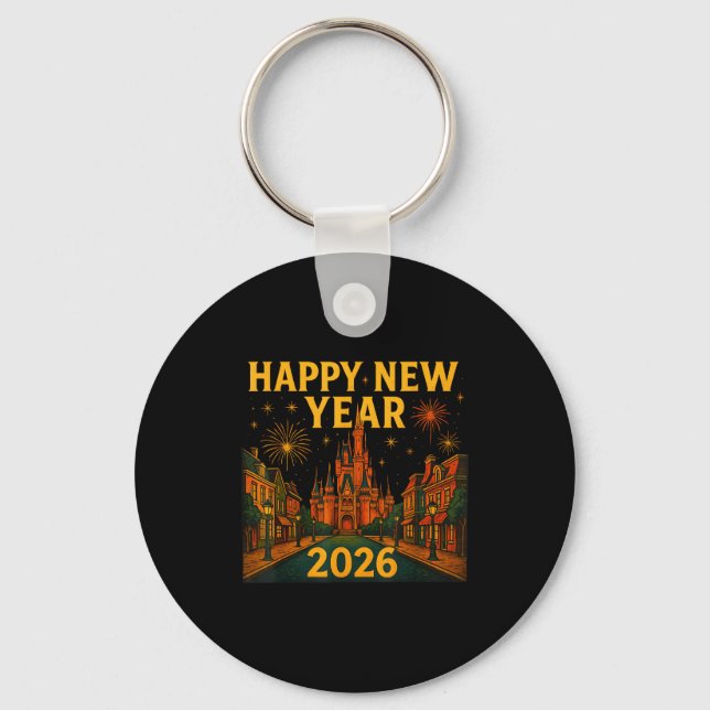 Happy New Year 2026 Fantasy Castle Fireworks Night Keychain (Front)