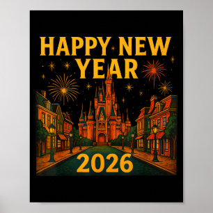 Happy New Year 2026 Fantasy Castle Fireworks Night Poster