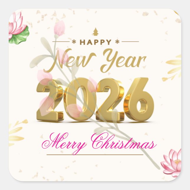 Happy New Year 2026 Festive Christmas Greenery Des Square Sticker (Front)