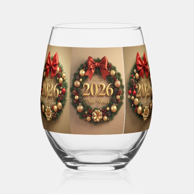 happy new year 2026 festive wreath stemless wine glass (Front)