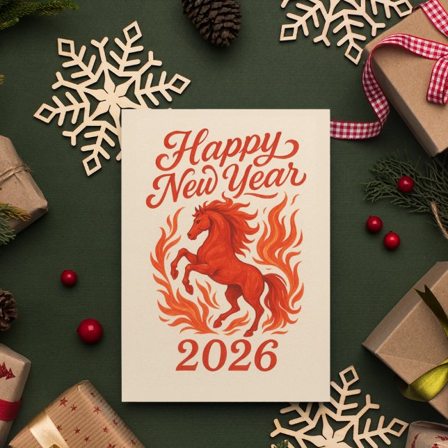Happy New Year 2026 Fiery Horse Holiday Postcard (Chinese New Year Card 2026 - Year of the Fire Horse)