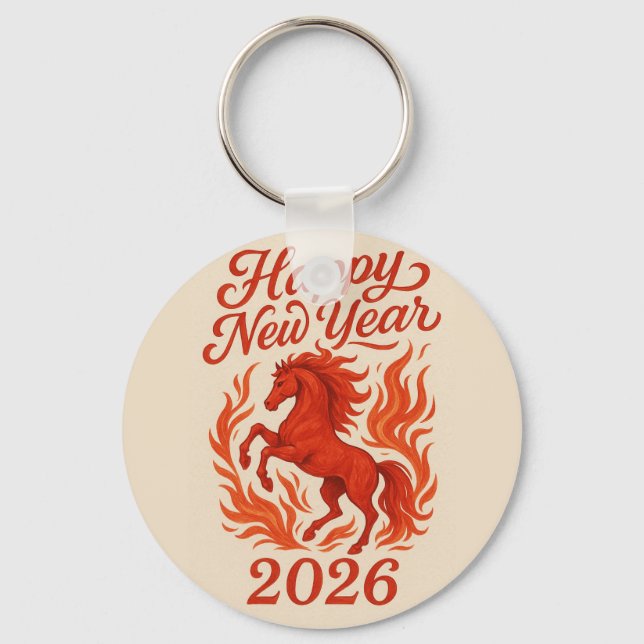 Happy New Year 2026 Fiery Horse Keychain (Front)