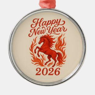 Happy New Year 2026 Fiery Horse Metal Ornament