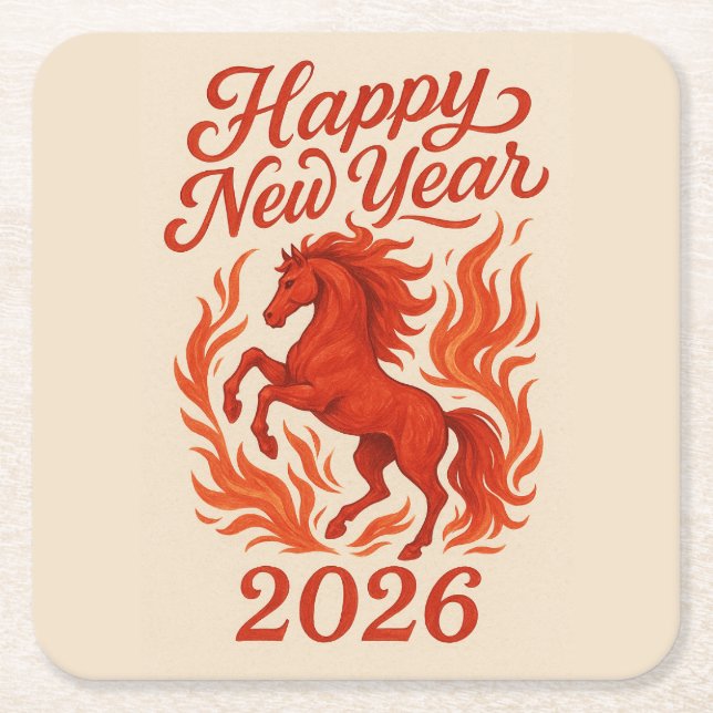 Happy New Year 2026 Fiery Horse Square Paper Coaster (Front)