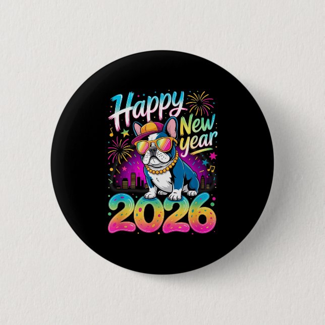 Happy New Year 2026 French Bulldog Fireworks Party 2 Inch Round Button (Front)