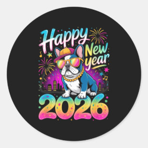 Happy New Year 2026 French Bulldog Fireworks Party Classic Round Sticker