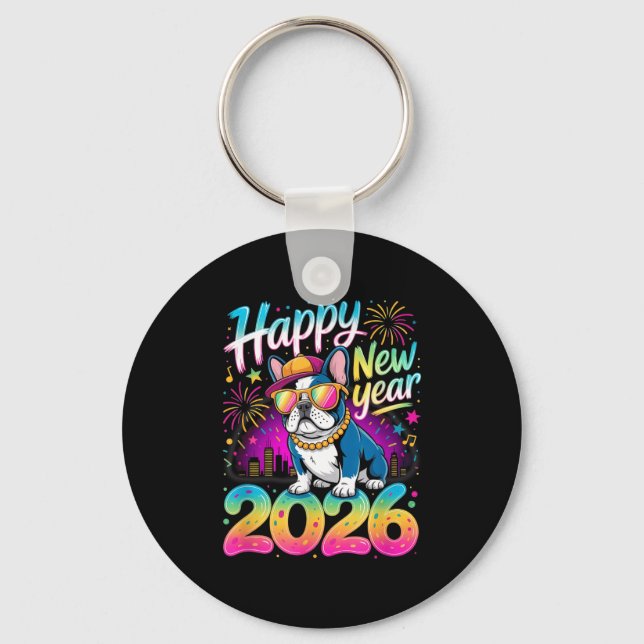 Happy New Year 2026 French Bulldog Fireworks Party Keychain (Front)