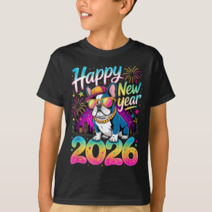 Happy New Year 2026 French Bulldog Fireworks Party T-Shirt
