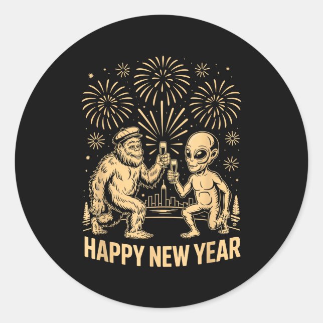 Happy New Year 2026 Funny Bigfoot And Alien Lovers Classic Round Sticker (Front)