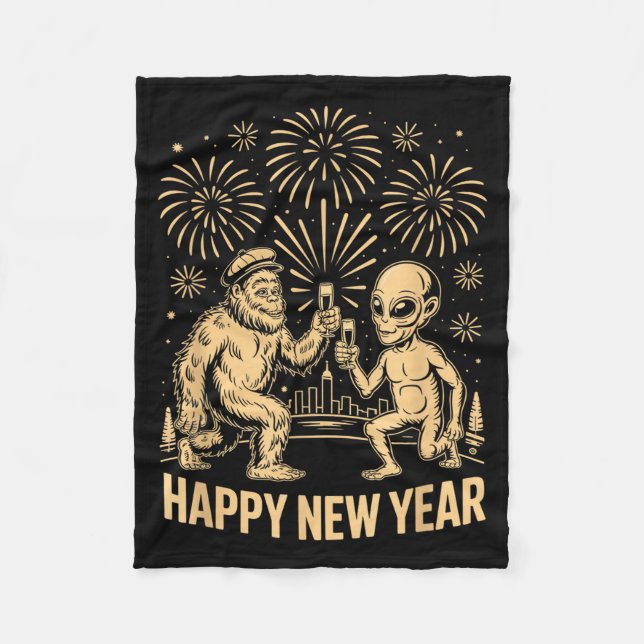 Happy New Year 2026 Funny Bigfoot And Alien Lovers Fleece Blanket (Front)