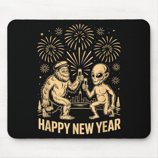 Happy New Year 2026 Funny Bigfoot And Alien Lovers Mouse Pad (Front)