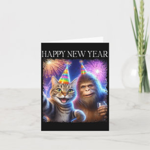 Happy New Year 2026 Funny Cat Bigfoot Party Art Card