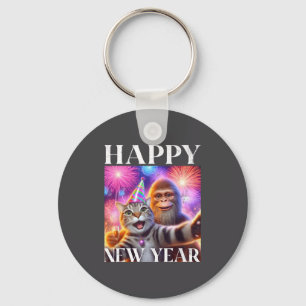 Happy New Year 2026 Funny Cat Bigfoot Party Art  Keychain