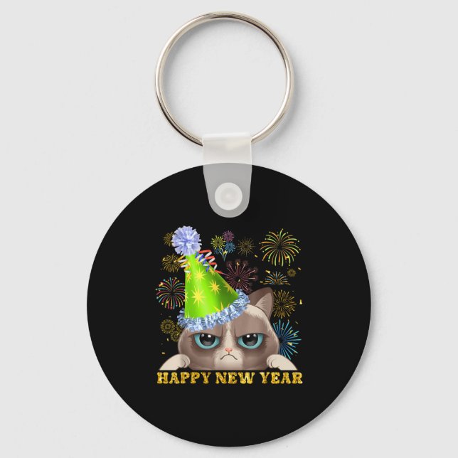Happy New Year 2026 Funny Cat New Year's Eve Hat G Keychain (Front)
