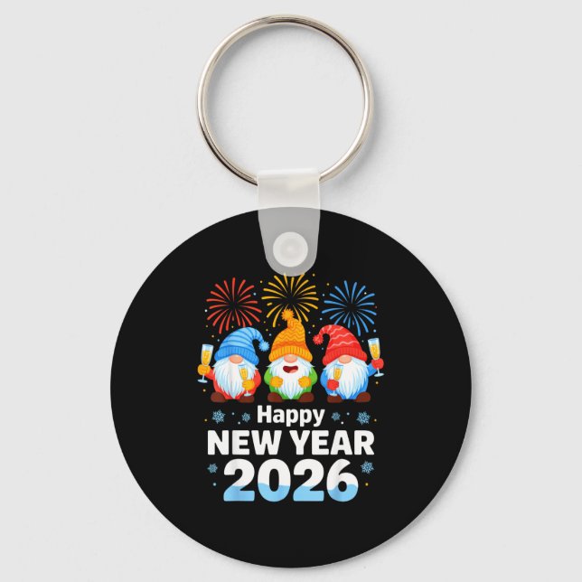 Happy New Year 2026 Gnome With Fireworks And Champ Keychain (Front)