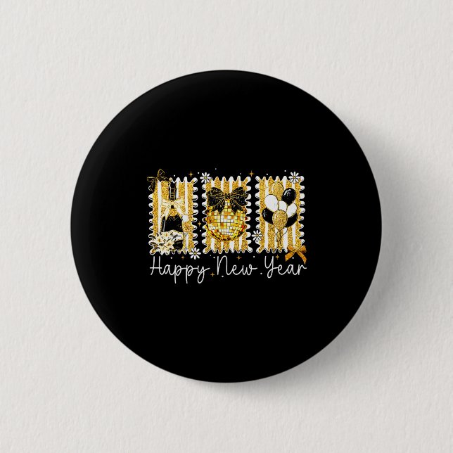 Happy New Year 2026 Gold Coquette Bow Disco Ball C 2 Inch Round Button (Front)