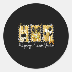 Happy New Year 2026 Gold Coquette Bow Disco Ball C Classic Round Sticker