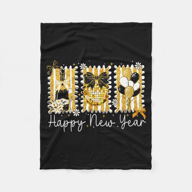 Happy New Year 2026 Gold Coquette Bow Disco Ball C Fleece Blanket (Front)