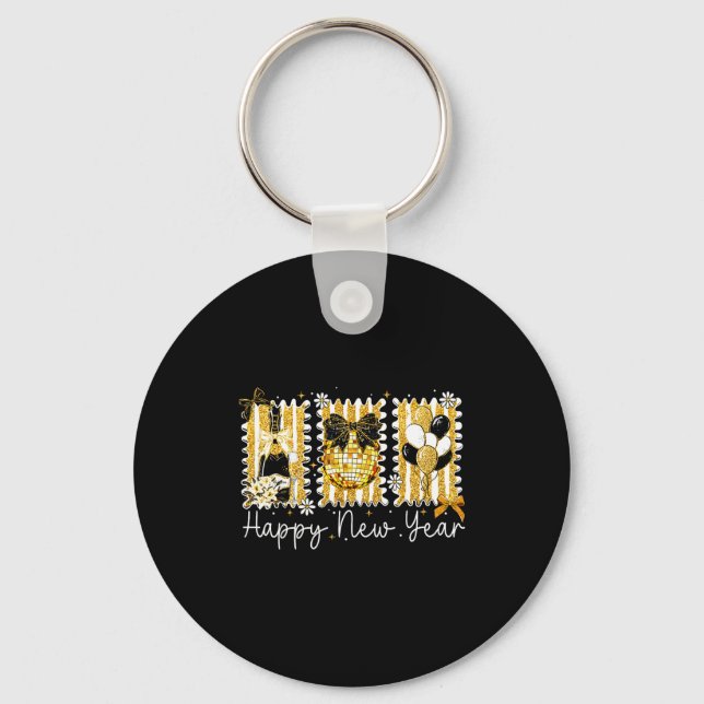 Happy New Year 2026 Gold Coquette Bow Disco Ball C Keychain (Front)
